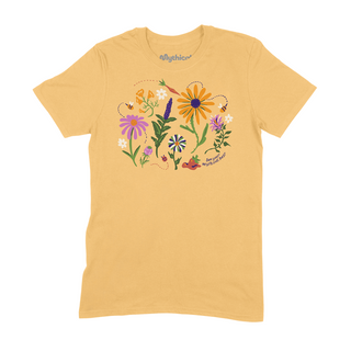 Front view of a yellow t-shirt with floral and bee design. Printed text: "bee your mythical best".