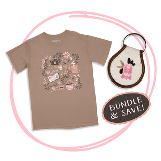 T-shirt and key tag. Brown t-shirt with a cute mythical design and a key tag with a ghost. Bundle and Save!