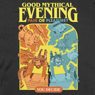 Good Mythical Evening tee with cat, wine bottle, Rhett, Link, snakes, feather duster, handcuffs, apple, and cocktail graphic. "Good Mythical Evening" text.