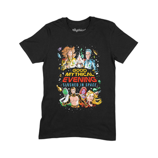 Black T-shirt with Good Mythical Evening Sloshed In Space graphic design.