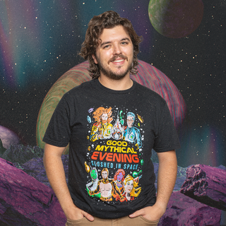 Tee with "Good Mythical Evening Sloshed in Space" design, featuring Rhett & Link, plus alien characters.