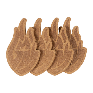 Angled view of Good Mythical Morning coaster 4pk for mugs. Fire design.