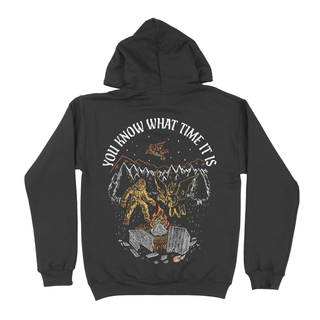 Black hoodie with "You know what time it is" text and graphic of Bigfoot, Mothman, and bonfire.