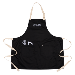 Black "Last Meals" apron with skeleton hand and scythe graphic and text: "We all gotta eat and we're all gonna die".