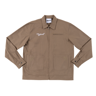 Mythical work jacket with a zipper, chest pocket, two patch pockets, and chainstitch embroidery 'Mythical' logo.