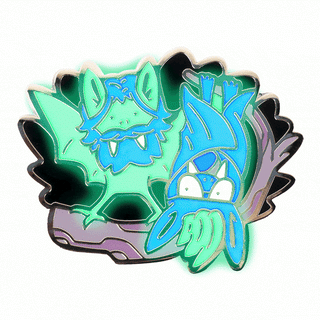 Pin of the Month with two bats: one green perched on a branch, one blue hanging upside down.
