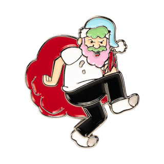 Pin of the Month. Angled view of the Cotton Candy Randy pin, carrying a red sack, pink beard, green eyebrows and blue sleep cap.