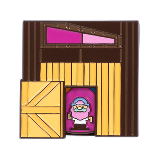 Carousel of Characters pin with Cotton Candy Randy peering from a purple doorway behind yellow planks, under pink windows.