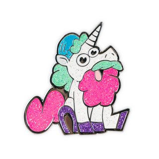 Cotton Candy Randy-corn Glitter Enamel Pin of the Month with a unicorn eating pink cotton candy.