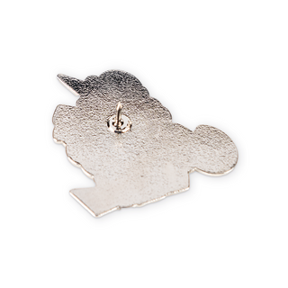 Angled view of a Cotton Candy Randy-corn enamel pin with a unicorn wearing a cap.