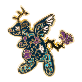 Floral Randler pin of the month, features a floral deer with a golden trim and wings, and tail made of purple flowers.