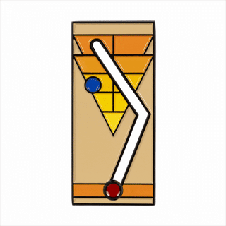 Sliding Shuffleboard Pin of the Month with blue and red balls and white arm.