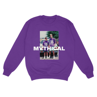 Purple sweatshirt with a photo of Rhett & Link wearing purple gorilla t-shirts and the word "Mythical".
