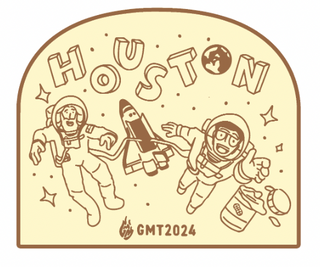 Tour magnet with astronauts, space shuttle, Earth, and "Houston" text design.