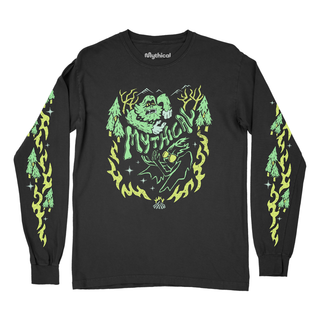 Long sleeve tee featuring Bigfoot and Mothman graphic design with "Mythical" text.