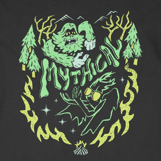 Cryptid Clash Long Sleeve Tee with Bigfoot, Mothman graphic, and "Mythical" text on a long-sleeve shirt.