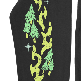 Angled view of Cryptid Clash Long Sleeve Tee with tree and flame design.