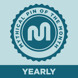 Mythical Pin of the Month emblem. Text reads "Mythical Pin of the Month" surrounding an 'm' logo. Below is "Yearly".