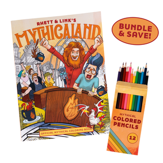 Coloring book and colored pencils with "Rhett & Link's Mythicaland" and "Official Mythical Coloring Book" text. "Bundle & Save!" in orange oval.