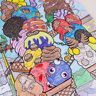 Coloring book with Rhett & Link's Mythicaland illustrations. The phrase "Will it Ice Cream" is visible in the image.