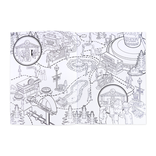 Mythicaland coloring book with the words, "This line is sooooo long!", "Bucket Ravitron," and "Did you know wombats have square poops?"