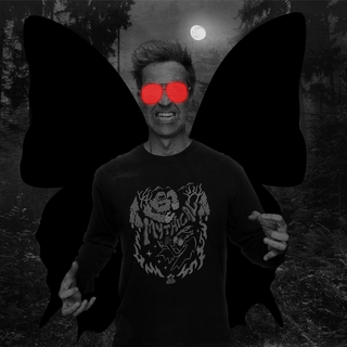 Long sleeve tee with "Mythical" text, Bigfoot, Mothman and forest design.