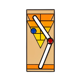 Sliding shuffleboard pin of the month with blue and red dots and orange and yellow colors.