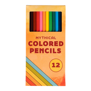 Box of Mythical Colored Pencils with 12 colors, and vintage inspired rainbow design.