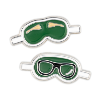 Two Rhett & Link blindfold mini pins of the month. One is a sleep mask, the other has black glasses.
