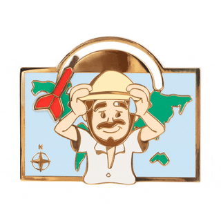 Cartographer Chase Flying Dart Pin of the Month with figure holding his hat on world map background.
