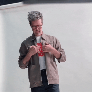 Mythical Work Jacket with zip closure and pockets. Chainstitch embroidery Mythical script logo and checkerboard motif embroidery.