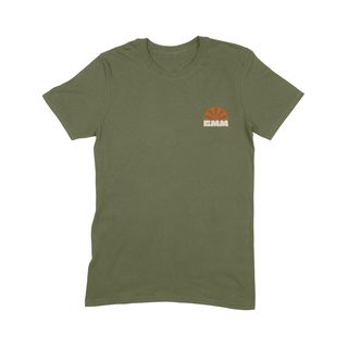 Olive t-shirt with a "GMM" design. Front view.