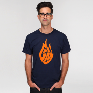 Good Mythical Morning Logo Tee in front view. Navy t-shirt with Good Mythical Morning logo in orange.